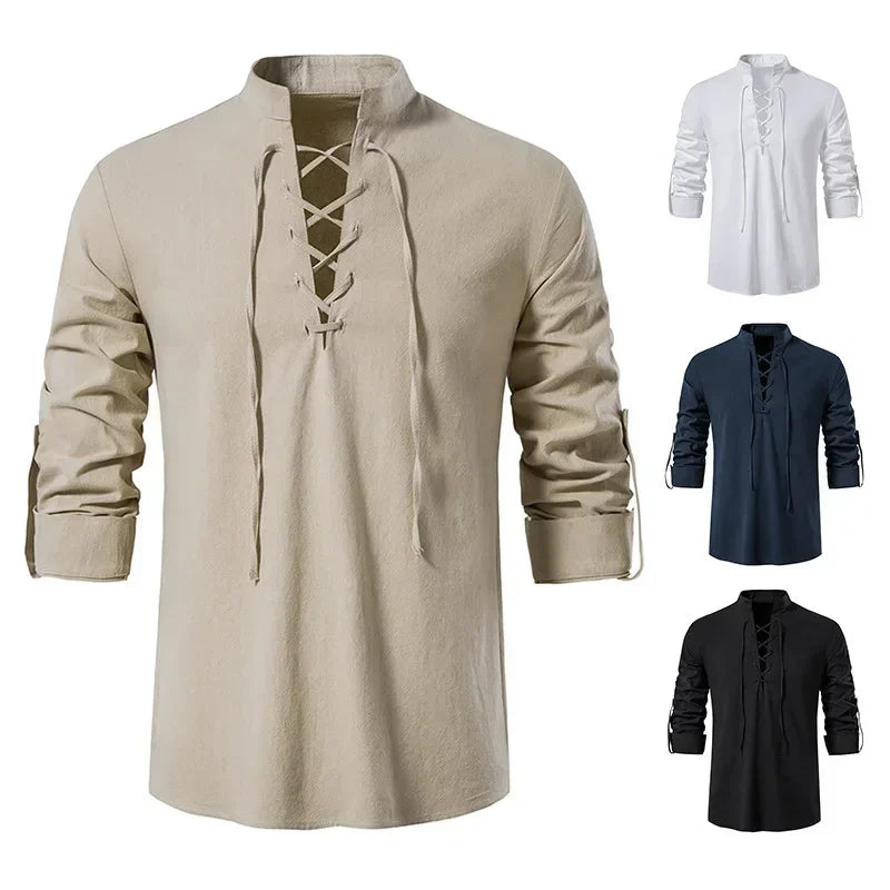 NONE 2026 + Men's Casual Blouse Cotton Linen Shirt Top
