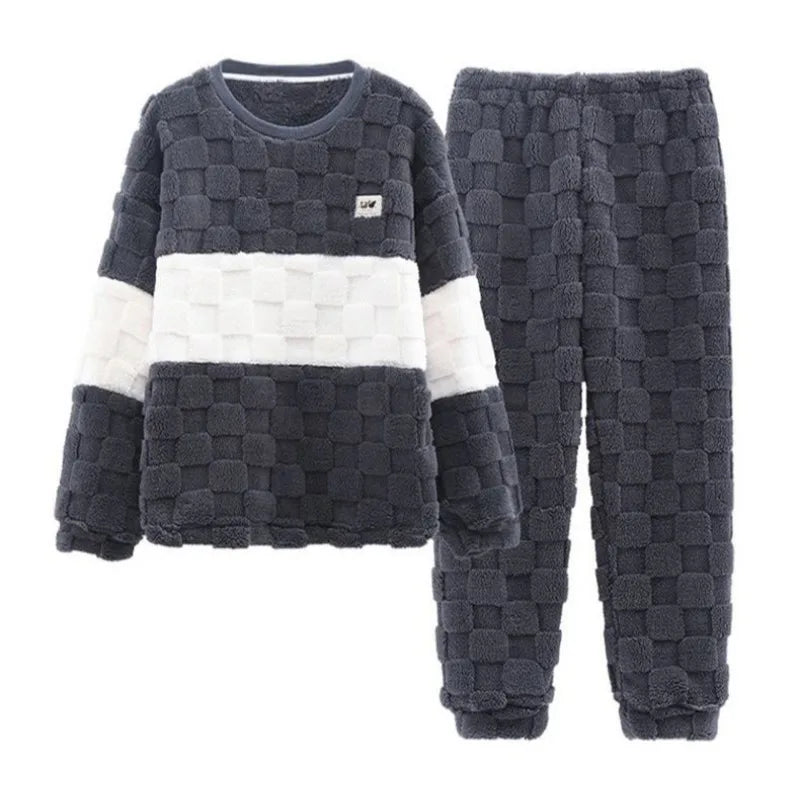 Sleepwear for Winter Men Coral Velvet Plus-Size Loungewear Two-Piece Set of Soft Flannel Long-Sleeved Pajamas Thickened Warm