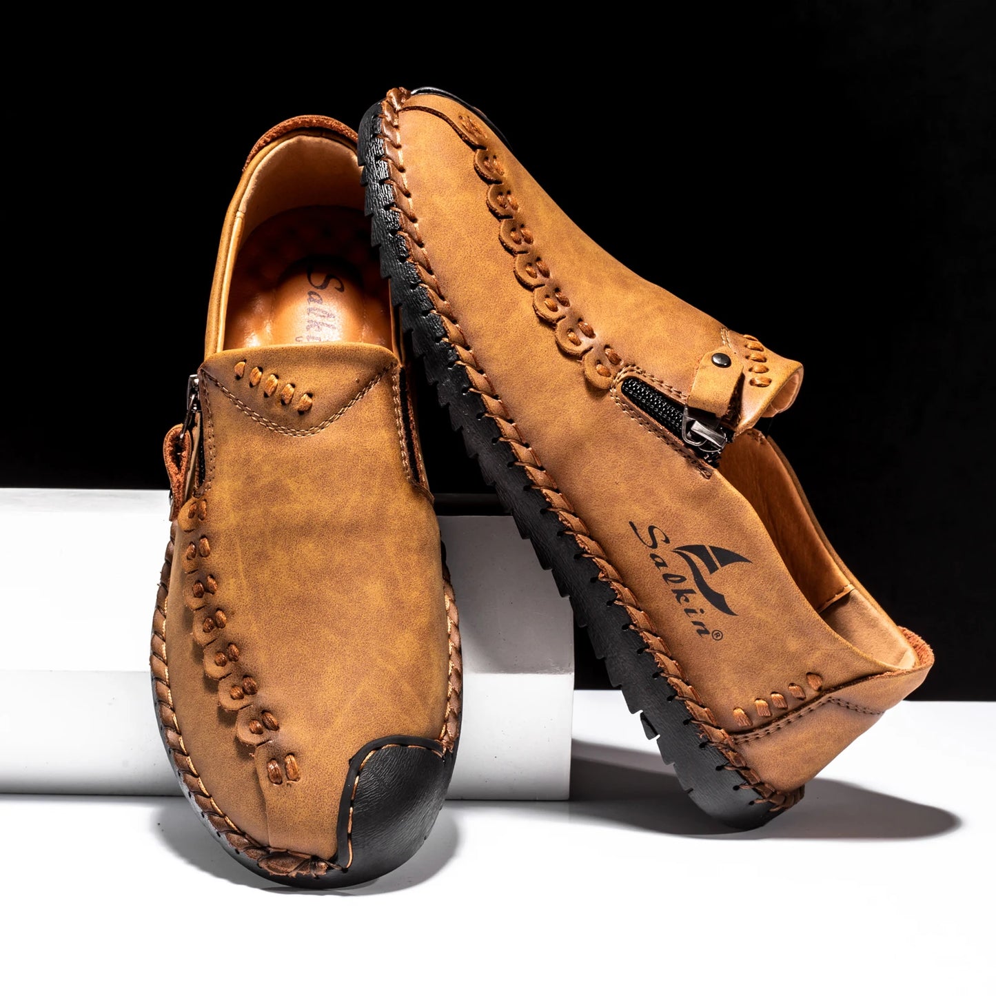 Men's Breathable Leather Casual Shoes with Zip Closure