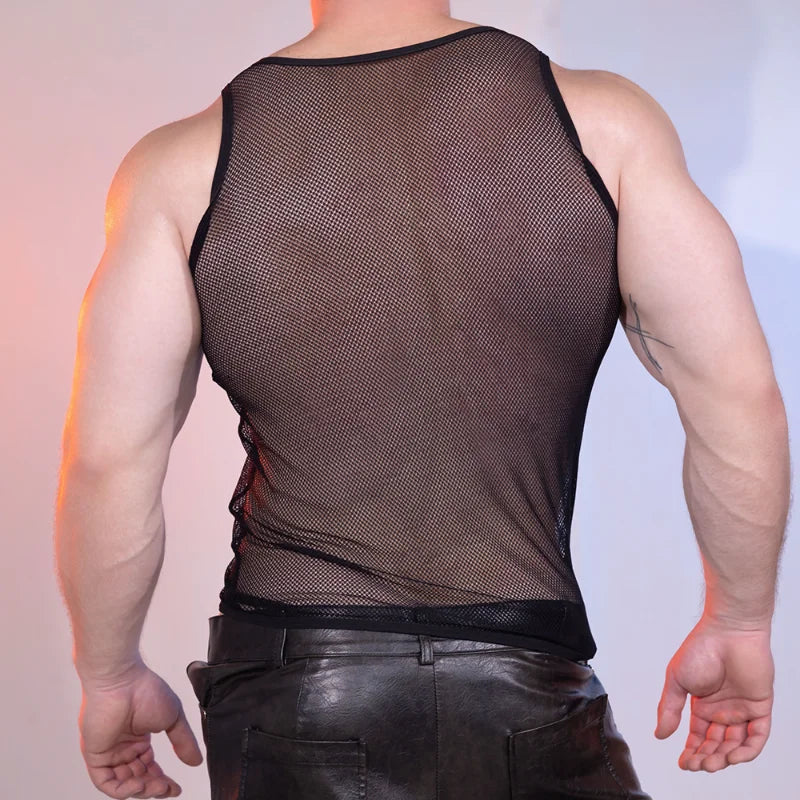 Men's Tops Vest Mesh Transparent High Elastic Ultra Thin Sexy Hollow Undershirt Underwear Bodybuilding Sleeveless Tank Tops