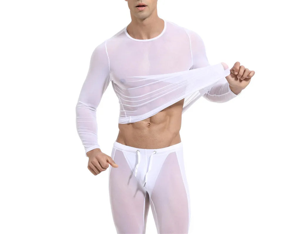 2026 Men's Sexy Mesh T-shirts High Elastic Transparent Long Sleeve Tops Men Sport Fitness Compression Tees See Through Gym Wear