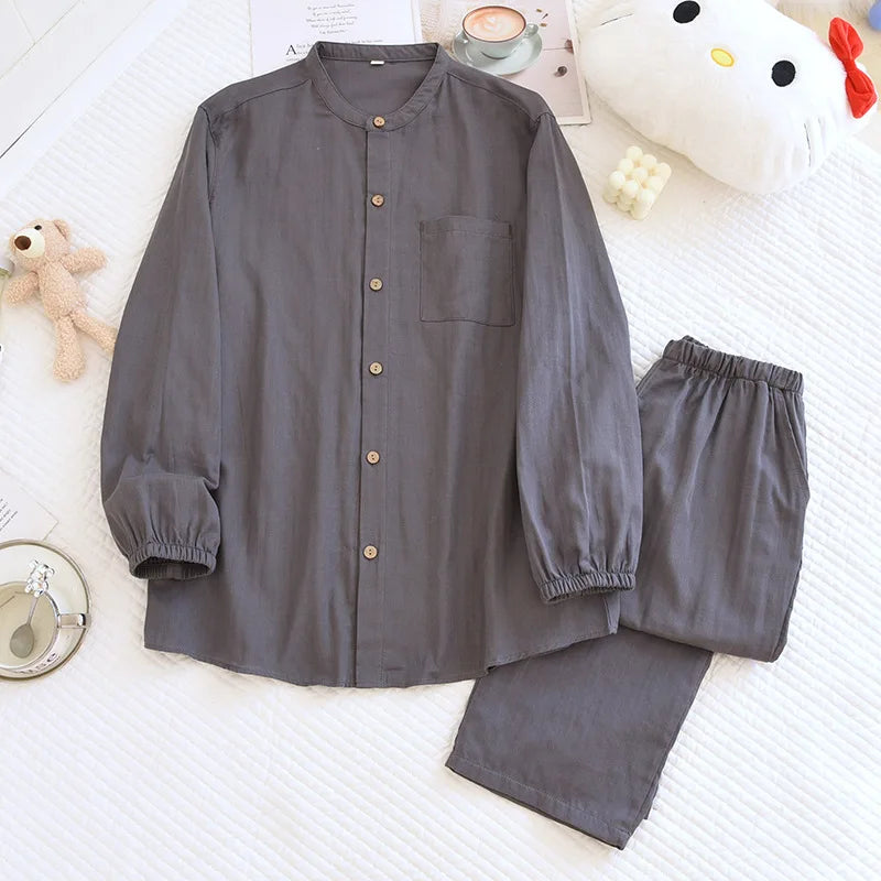 New Men's Sleepwear Two-piece Set for Spring 2025 100% Cotton Crepe Fabric Vertical Long Sleeved Long Pants Home Suit Set