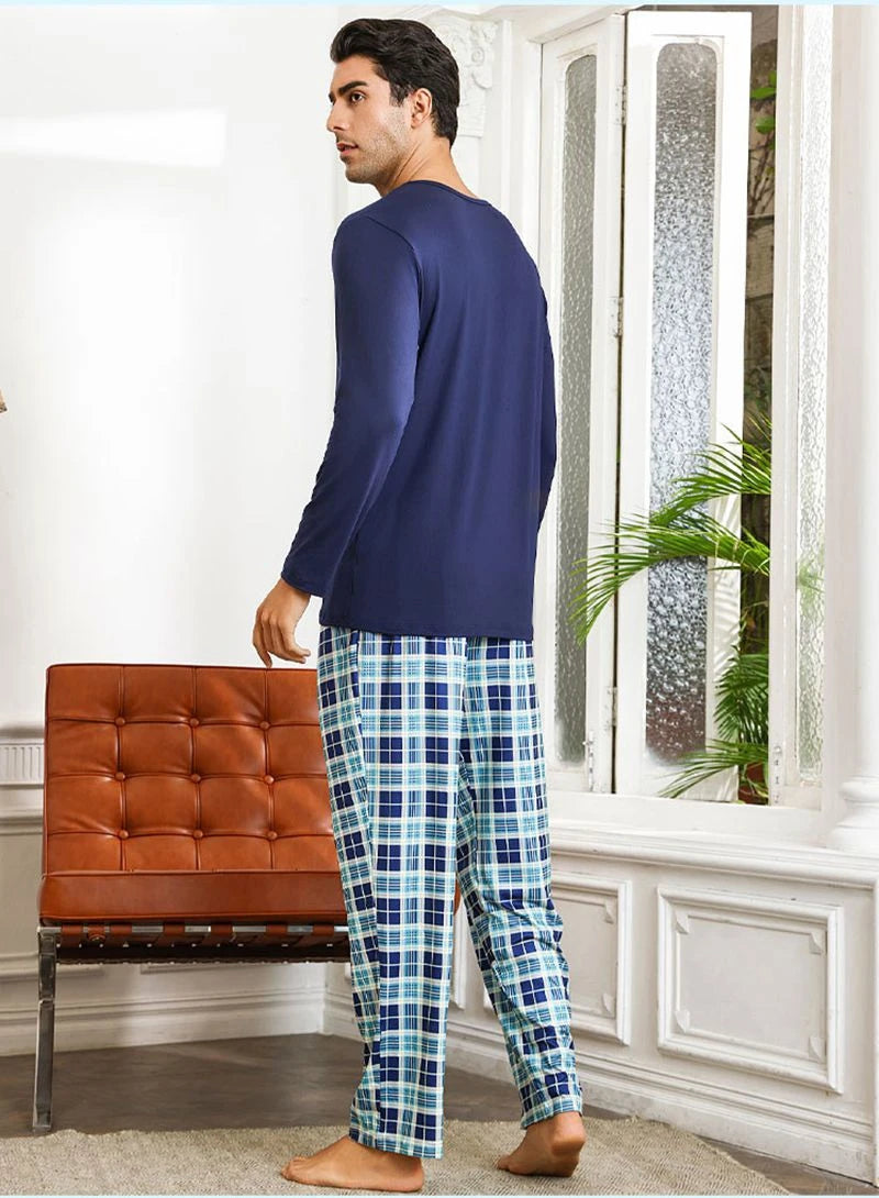 Men's Plaid Print Lounge Set Soft Long-Sleeve Round Neck Top And Pants Breathable Fabric Loose Fit Casual Homewear Loungewear