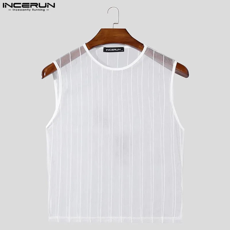 Men Tank Tops Mesh See Through O-neck Sleeveless Sexy Striped Male Crop Tops Streetwear Summer Party Fashion Men Vests S-5XL