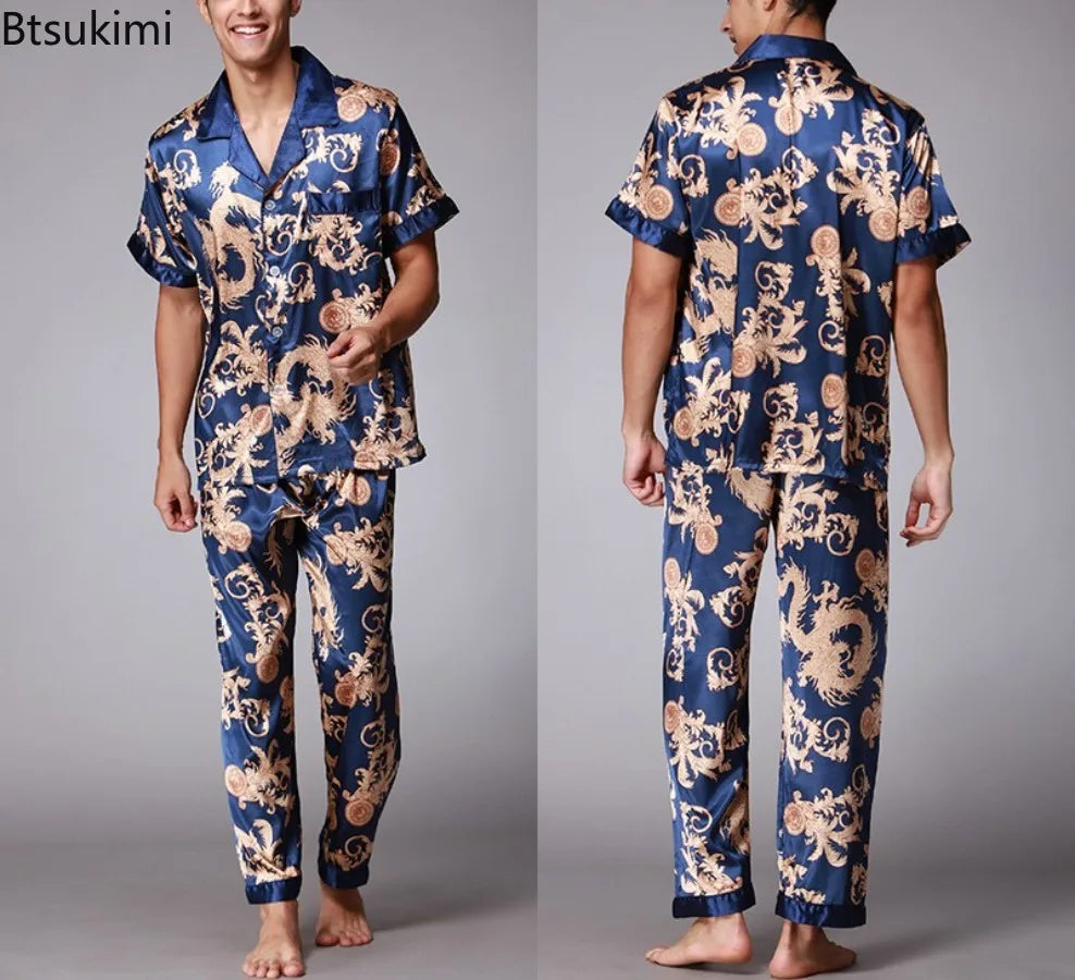2026 Spring Summer Loungewear Short Sleeves Long Pants Pajama Set Men Printed Satin Silk Pyjamas Male Pajamas Household Clothes