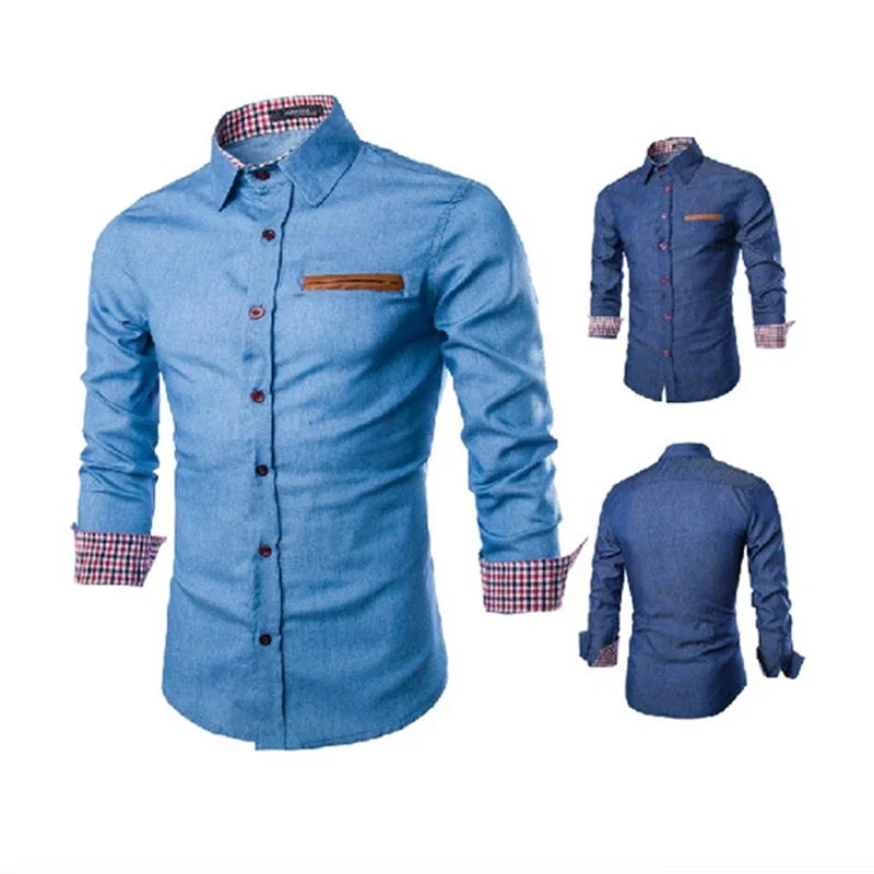 Navy Blue Long Sleeve Denim Shirt for Men