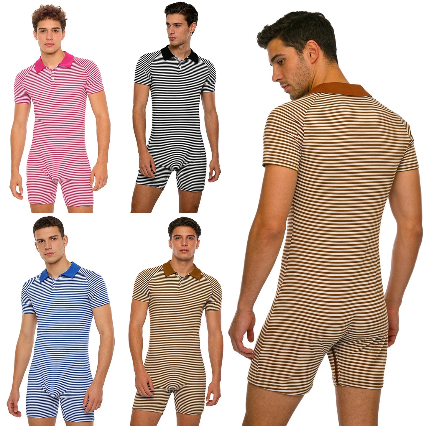 Mens Adults Striped Pajamas Bodysuit Cozy Homewear Turn-down Collar Buttoned Crotch Short Sleeve Rompers Underwear Loungewear