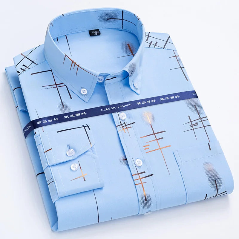 Men's Non-iron Plaid Dress Shirt for Spring and Autumn