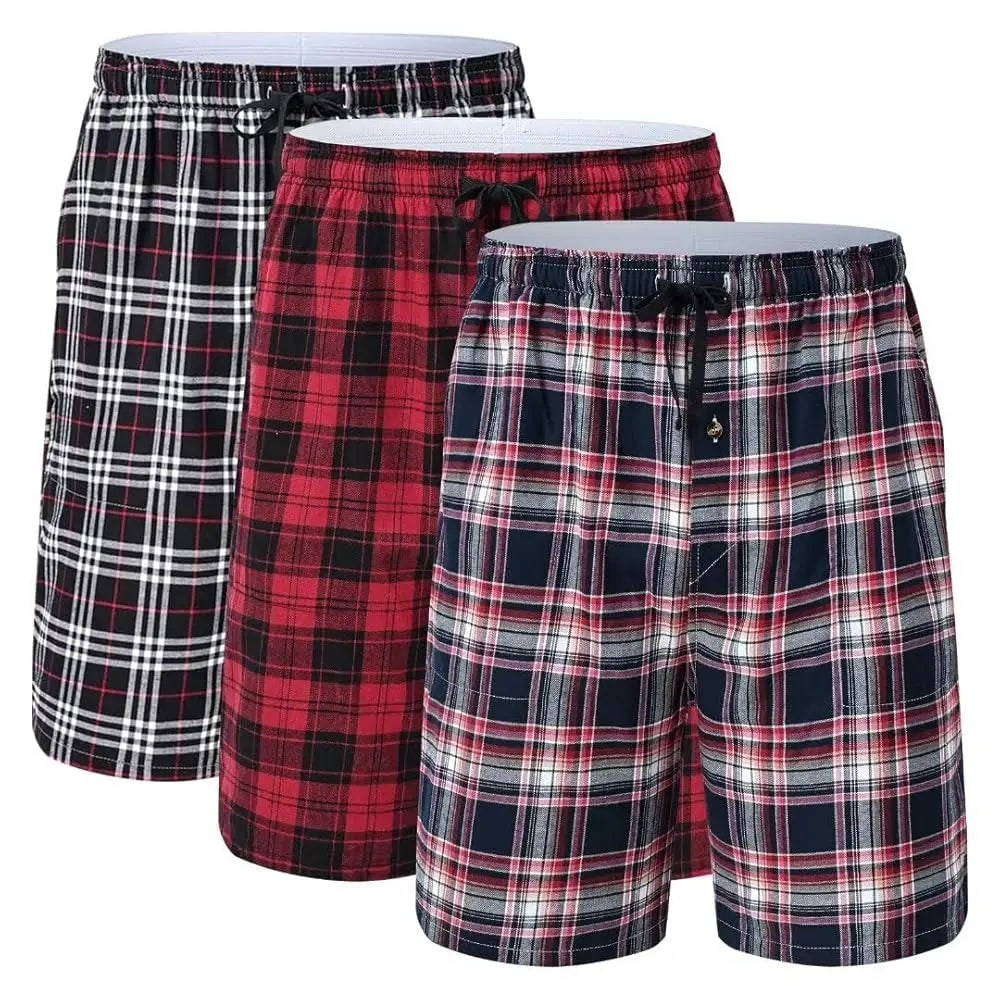 100% Cotton 3Pcs Mens Underwear Boxers Shorts Male Breathable Loose Pajama Sleep Bottoms Shorts Plaid Comfortable Homewear
