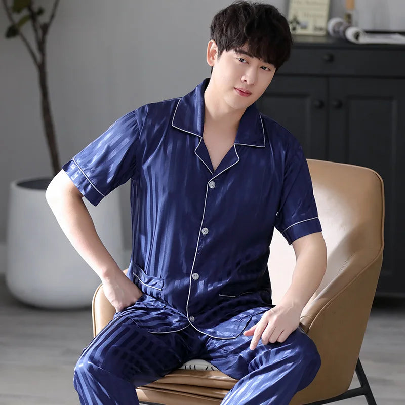 Summer Striped Men Sleepwear Suits Silk Mens Pajamas Turn-down Collar Cardigan Short Sleeve Long Pants Male Pyjamas