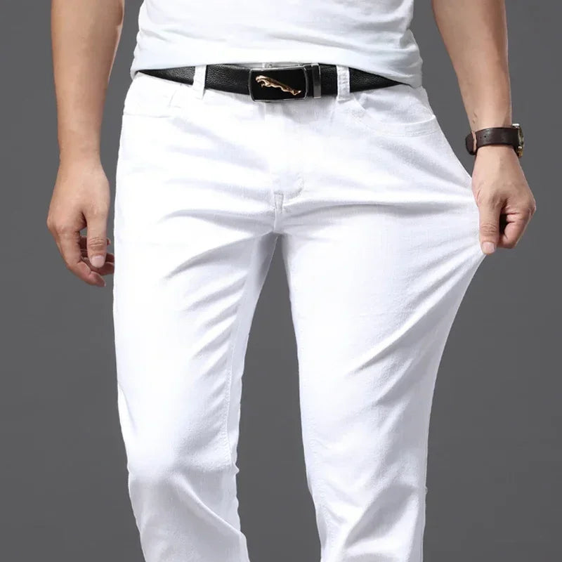 Men's Slim White Jeans Casual Trousers for Spring and Autumn