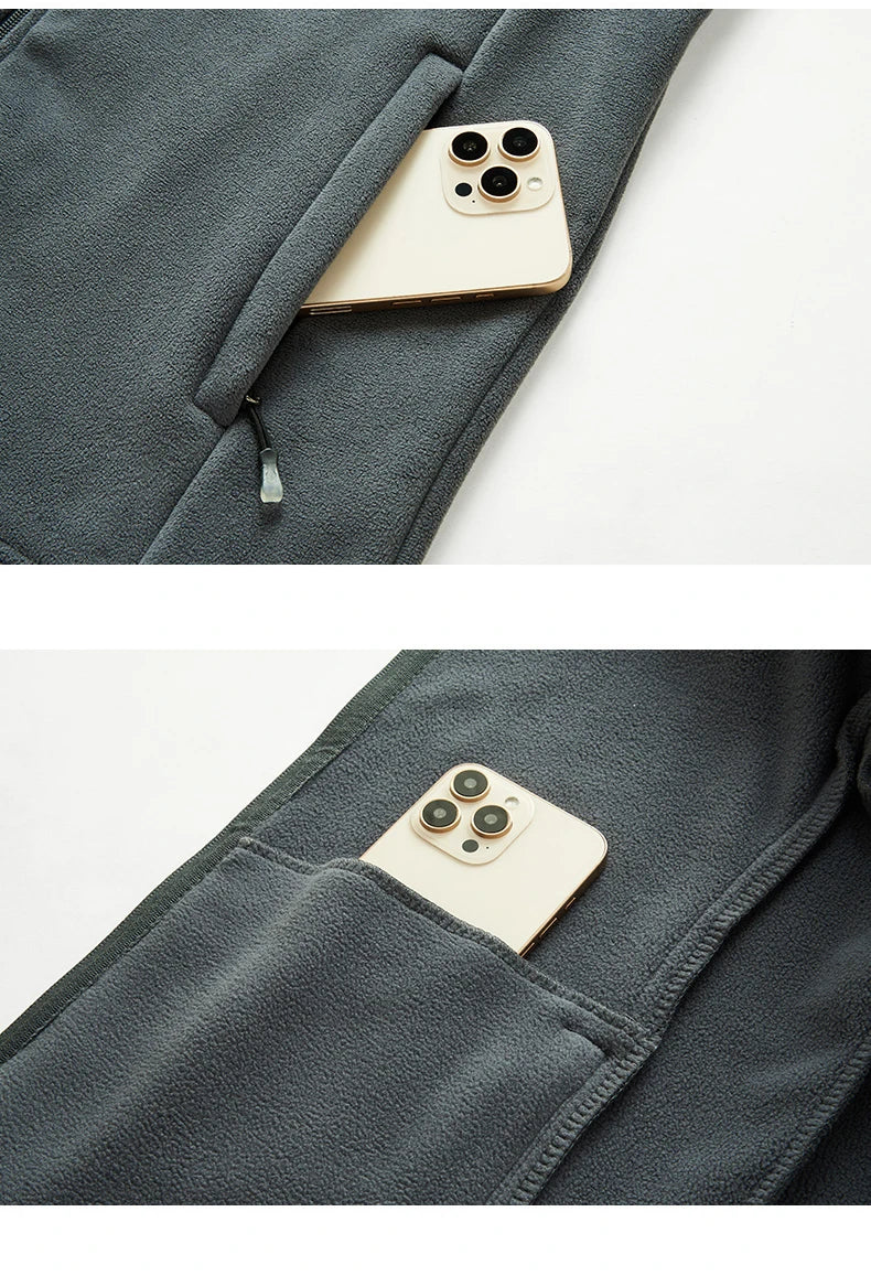 Unisex Outdoor Fleece Jacket Men  Warm Slim-Fit  Zip-Up Front Solid Color Jacket