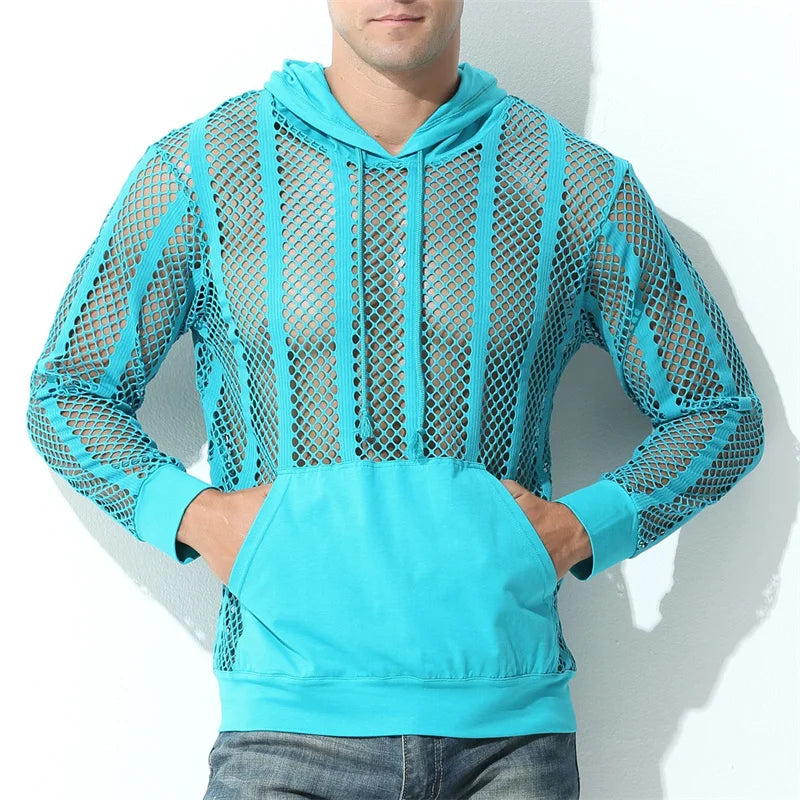 Mens Undershirts Hoodies Sexy Transparent Mesh Shirts Fishnet Hollow Out T Shirts Sport Fitness Nightclub See Through Tees Tops