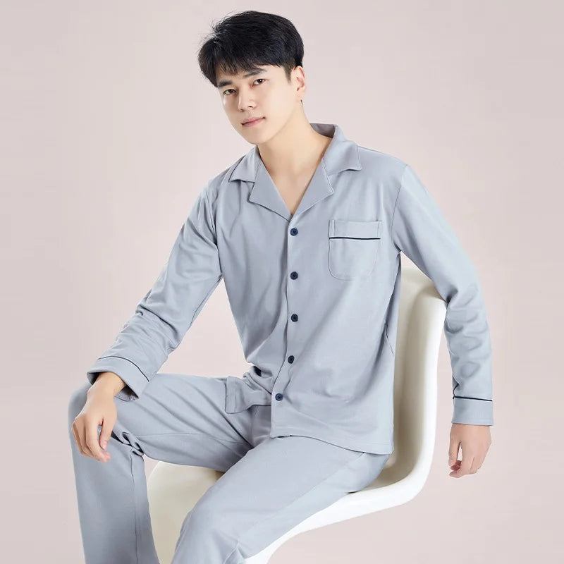 Men's  Cotton Pajamas Set Button-Down Warm Pijamas Hombre Soft Breathable Cotton Sleepwear Homeclothes PJ Grey Loungewear
