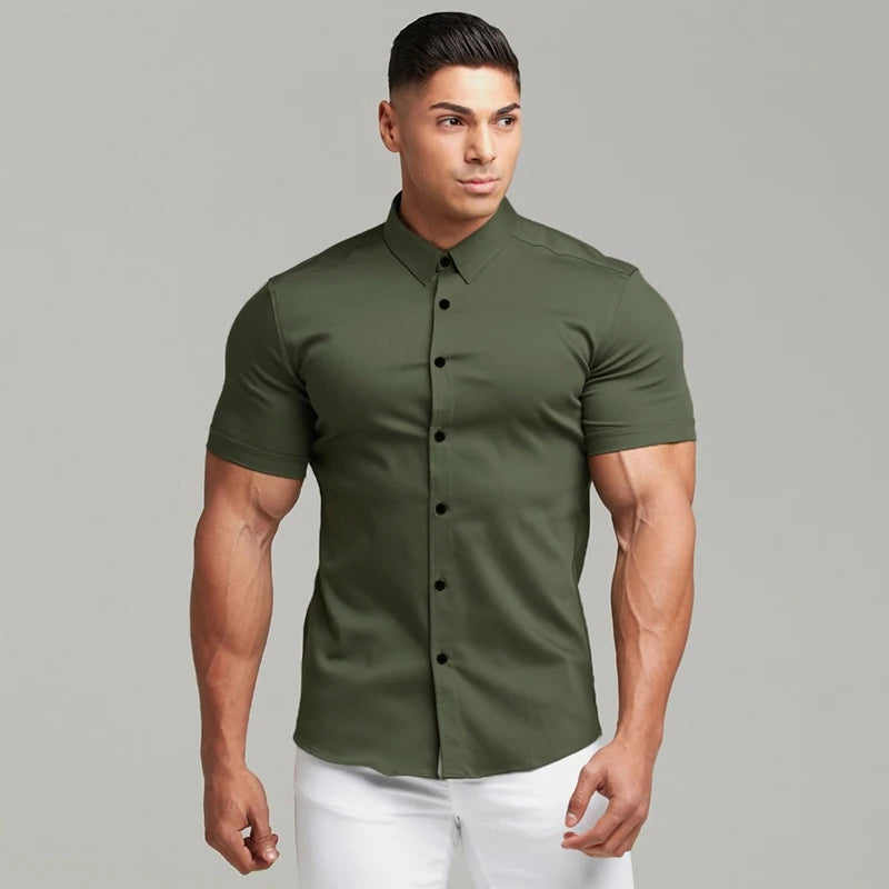 Men's Casual Short Sleeve Slim Fit Shirt in Polyester
