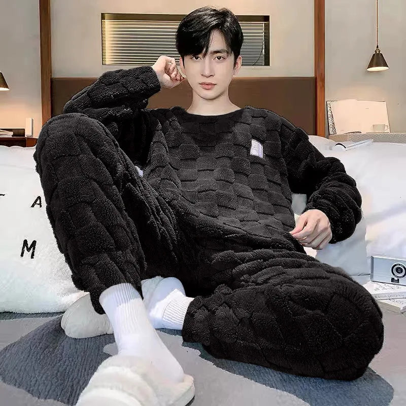 Sleepwear for Winter Men Coral Velvet Plus-Size Loungewear Two-Piece Set of Soft Flannel Long-Sleeved Pajamas Thickened Warm