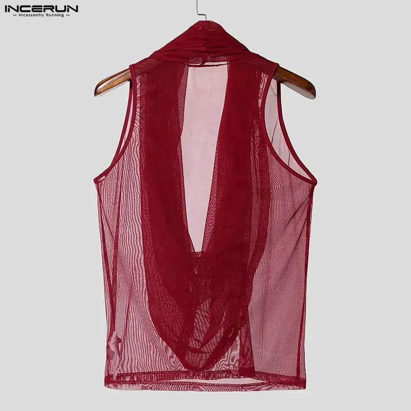 INCERUN Men Tank Tops Mesh See Through Solid Color Vests For Man Streetwear Summer Sleeveless Sexy Tops Menswear Clothing S-3XL