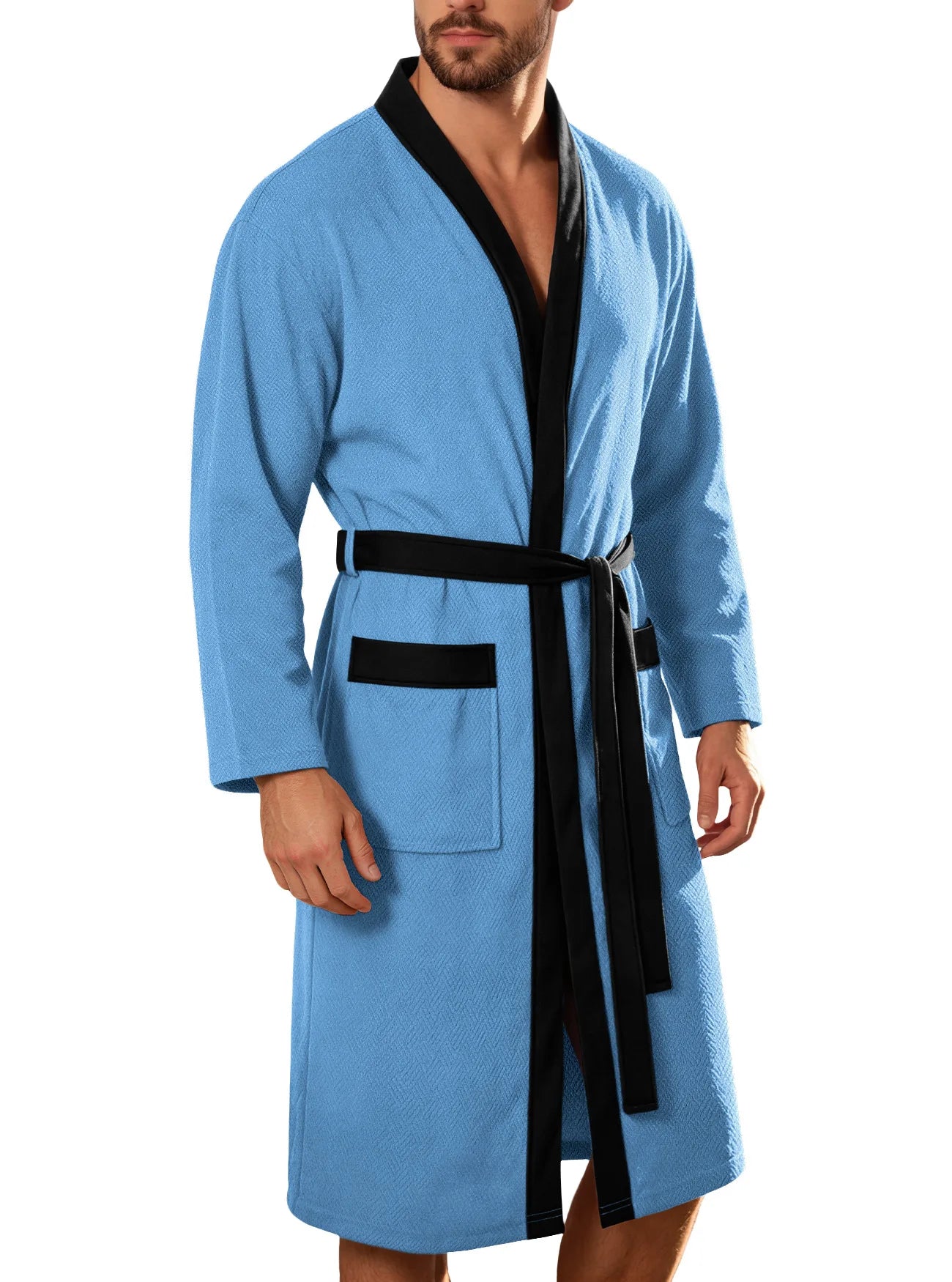 Men's Bathrobe Long Sleeves Kimono Style Spa Robe with Belt Pockets Soft Comfortable Sleepwear Loungewear for Home Hotel Use