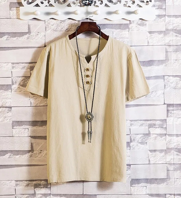 Men's Casual V Neck Short Sleeve Linen T-shirt