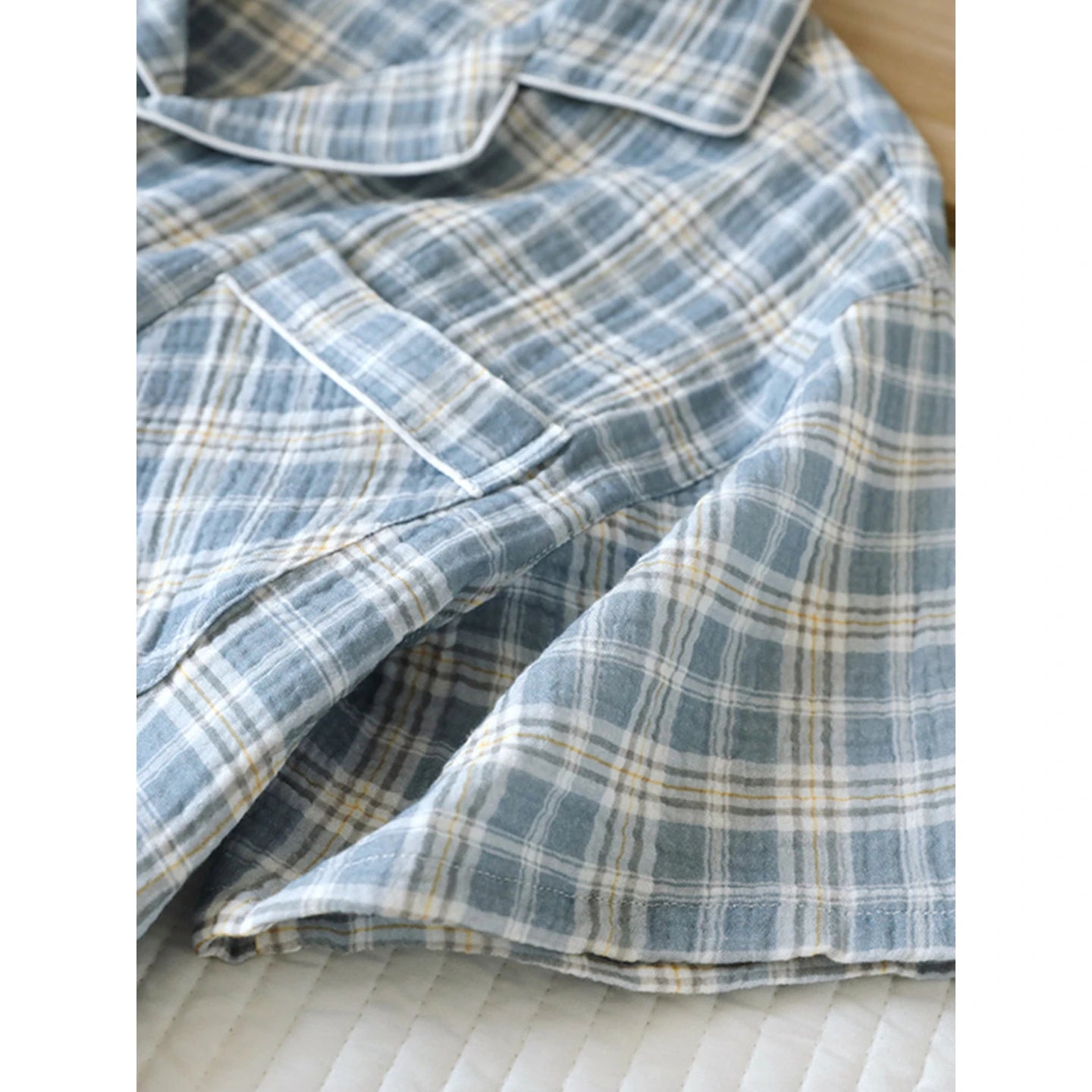 Men's 2-Piece Pajama Set - Japanese Plaid Sleepwear, Cotton Gauze Short Sleeve & Shorts, Lightweight & Breathable Relaxed Fit, S