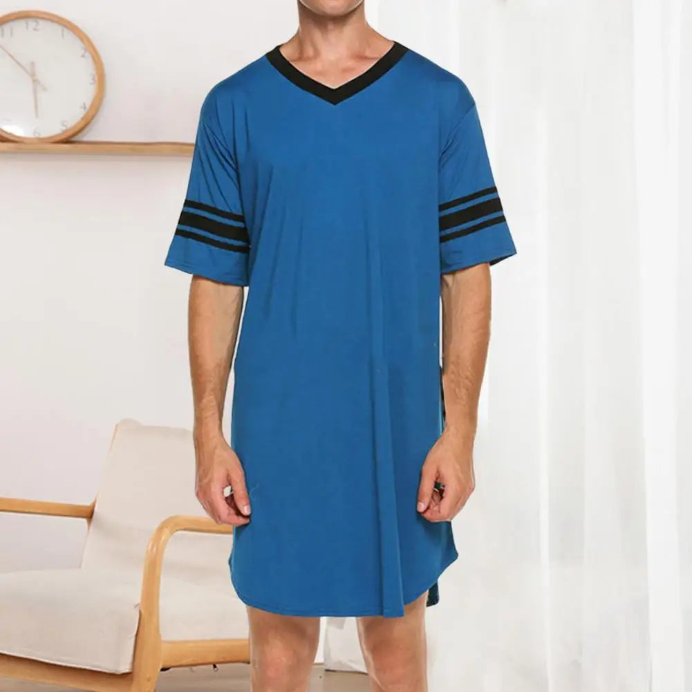 Men Loungewear Contrast Color Men Summer Long T-shirt Striped Print Sleeping Clothes Men Bathrobe Sleep Dress Homewear Robe