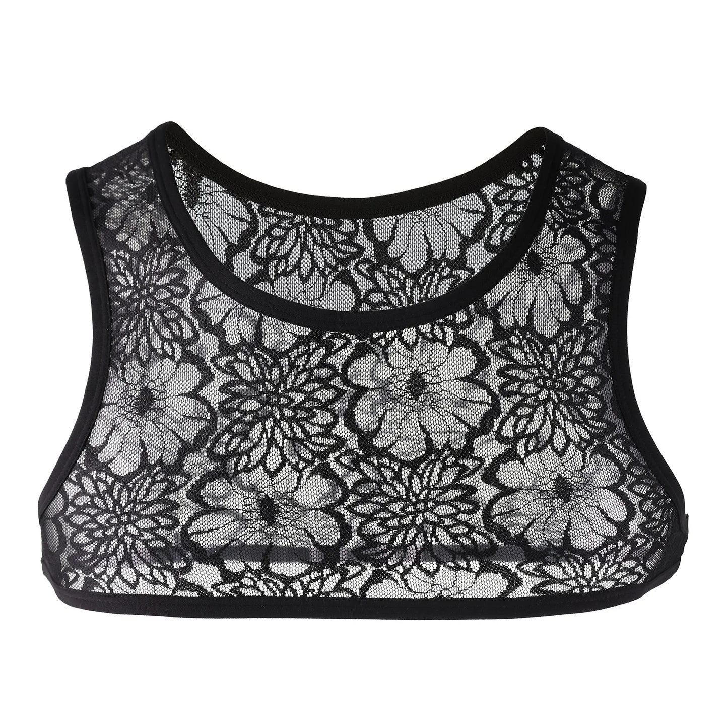 Mens Lace Sheer Crop Tops Vest Sleeveless Crossdressing Man Sissy Bras Short Tank Top Muscle Workout Fitness Singlet