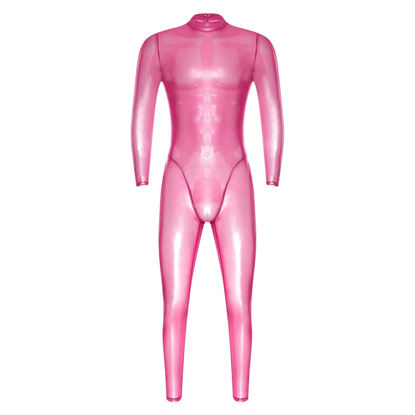 Mens Lingerie Tights Long Pants Metallic Shiny Full Body Unitard Back Zipper Catsuit Bodysuit Leggings Sheer Jumpsuit Clubwear