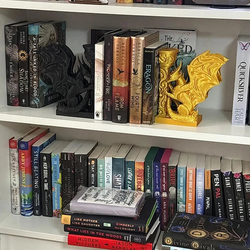BookShelf in Gold + Black Dragon Bookends 3D Printed Animal Dragon