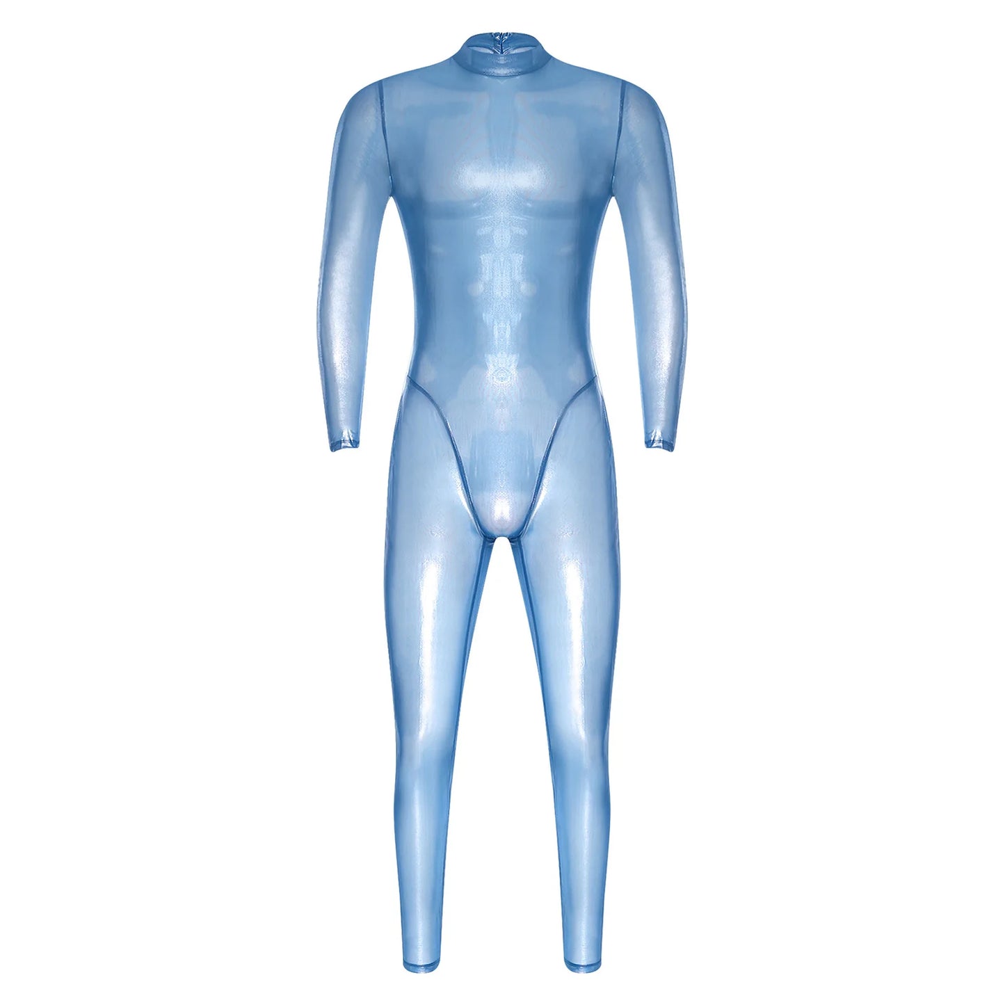 Mens Lingerie Tights Long Pants Metallic Shiny Full Body Unitard Back Zipper Catsuit Bodysuit Leggings Sheer Jumpsuit Clubwear
