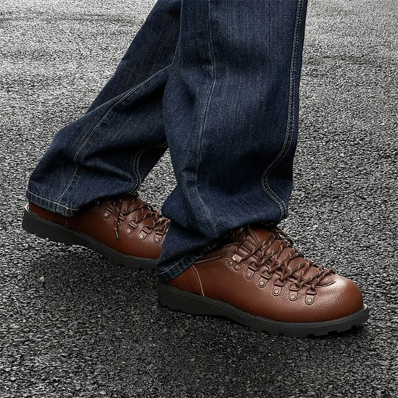 Leather Casual Shoes for Men with Lace-Up Closure