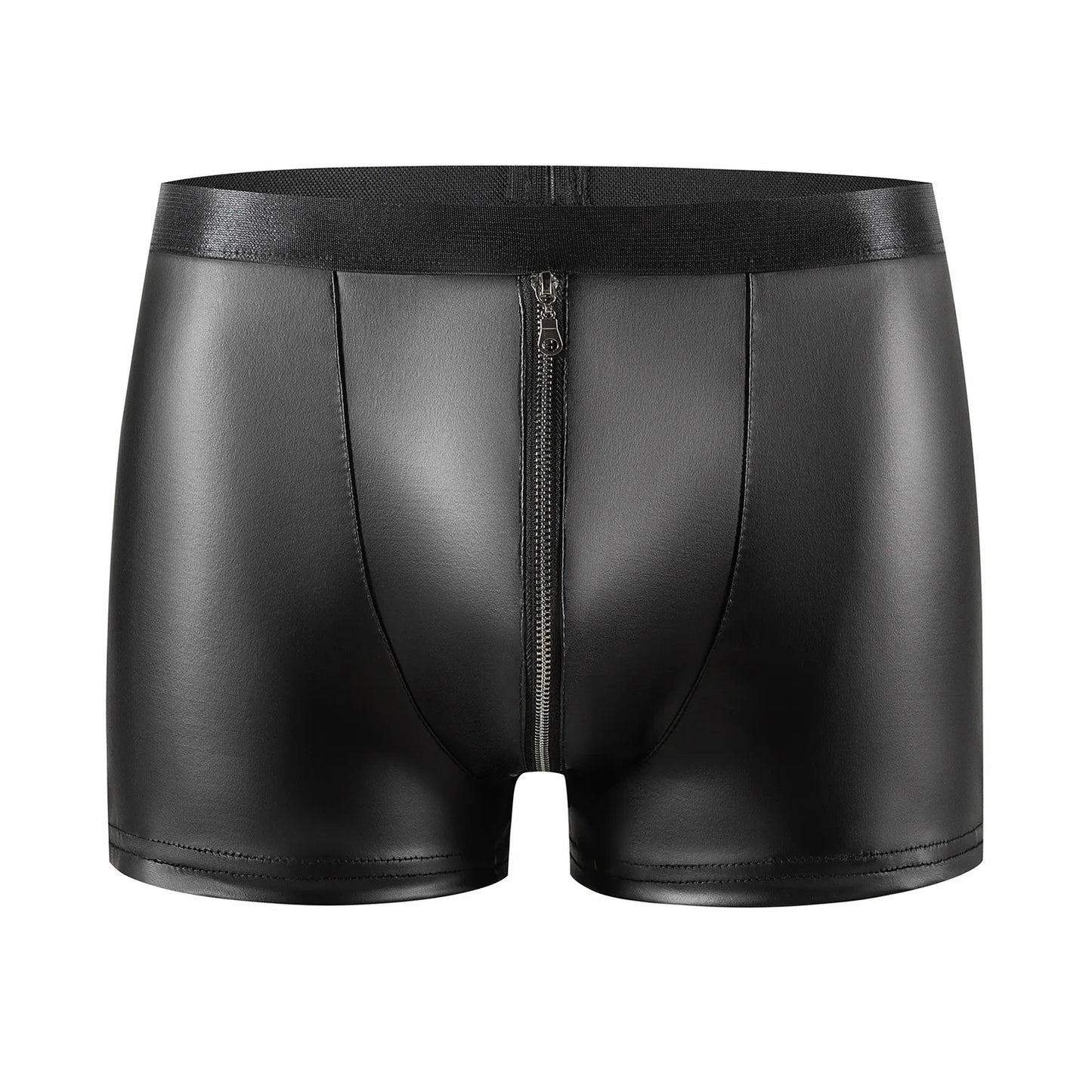 Men's Black PU Leather Boxer Shorts with Zipper U Pouch