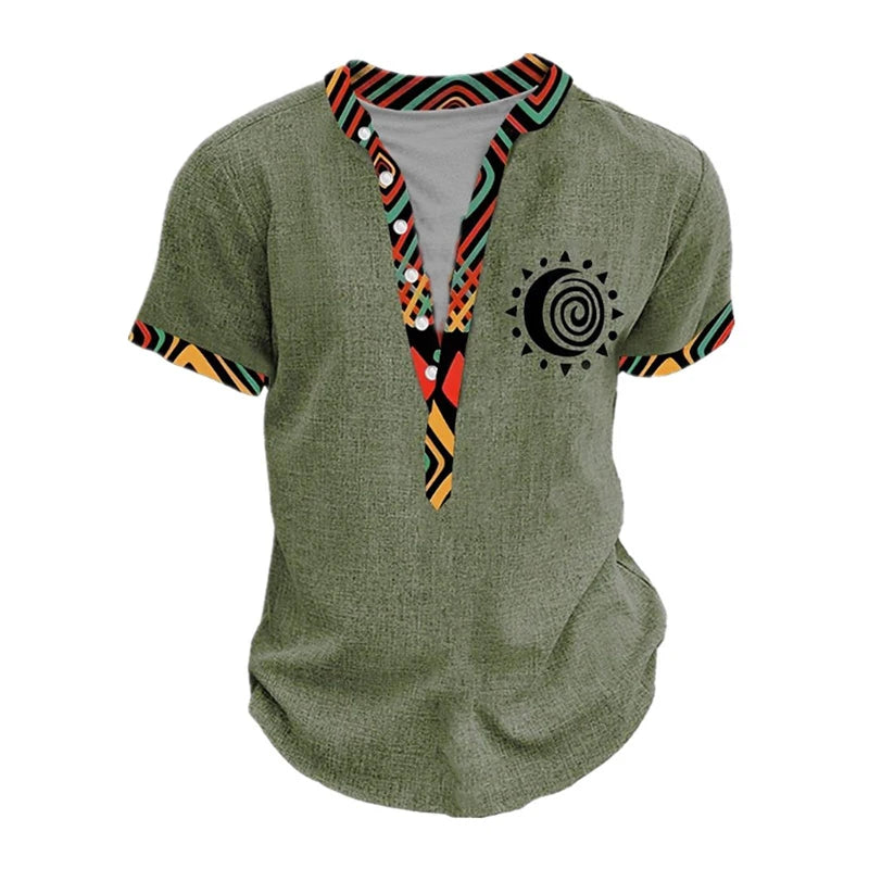 Summer 3D Printed Henry Short Sleeve Shirt Men's Fashion Street Clothing Button Short Sleeve Men's Top