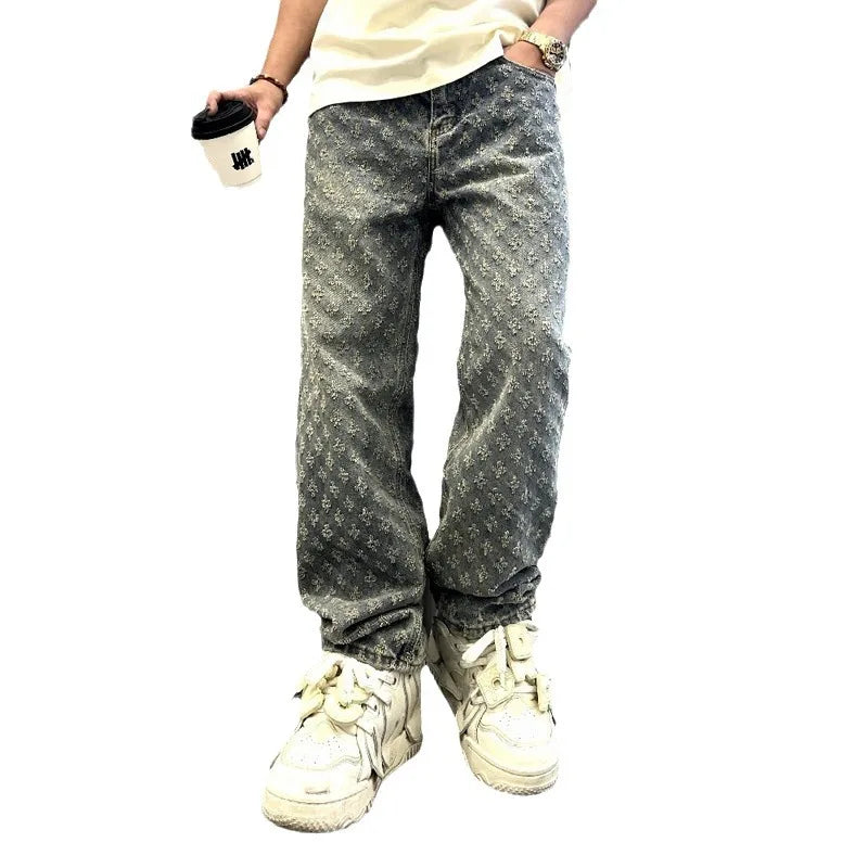 American Ins Street Clothing Retro Embroidered Printed Trousers Fashion Brand Jacquard Design Men's Y2K Wide Legs Hip Hop Jeans