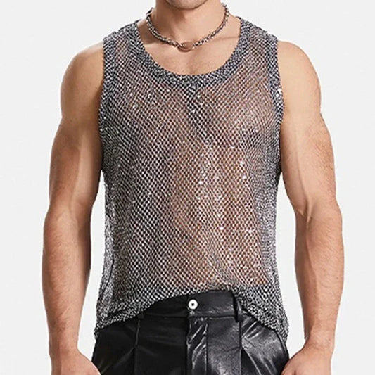 Nightclub Sexy Mens Tank Tops Mesh Sequin Glitter Hollow Out Transparent Vest Men Summer Fashionable Sleeveless Mesh Camisoles