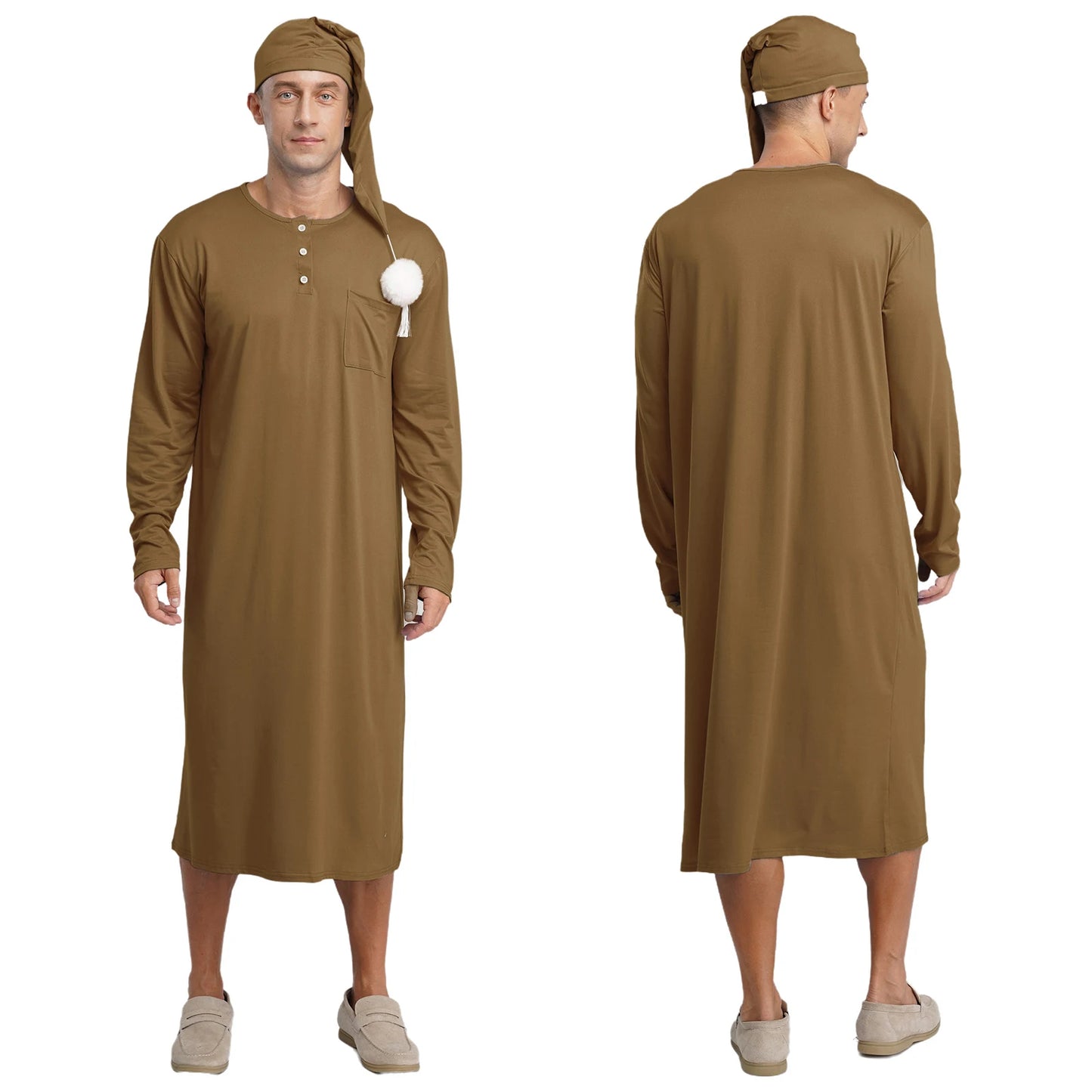 Mens Solid Color Long Sleeve Sleep Robe with Night Cap Round Neck Big & Tall Nightshirts Home Loungewear Pajamas Sleepwear