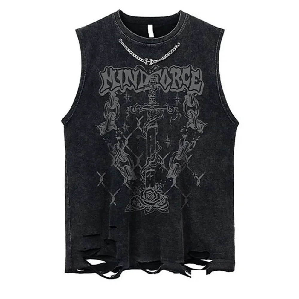 Mens Casual Washed Distressed Vest  Summer New Fashion Versatile Hole Printed Metal Necklace Sleeveless T-Shirt For Men