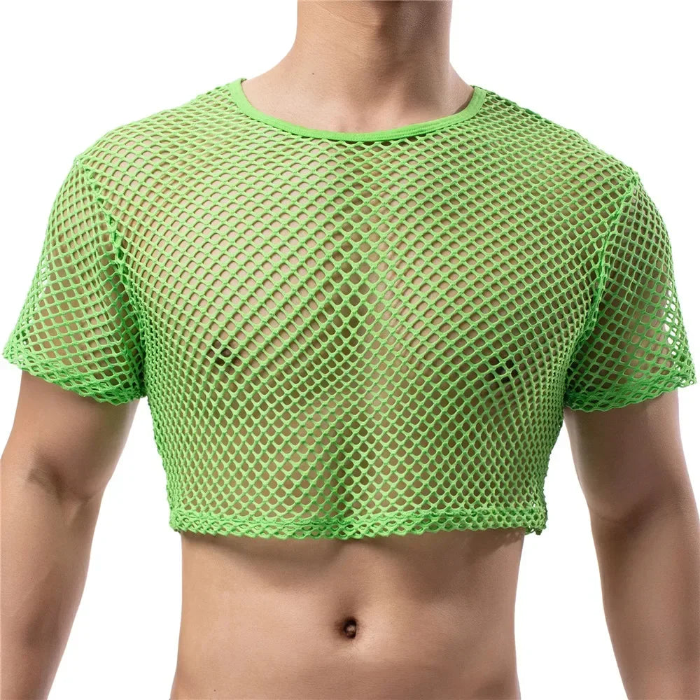 Sexy Mens Undershirts Short Sleeve Transparent Mesh Crop Tops Fishnet Hollow Out T Shirts Sport Nightclub Muscle Sheer Tees Tops