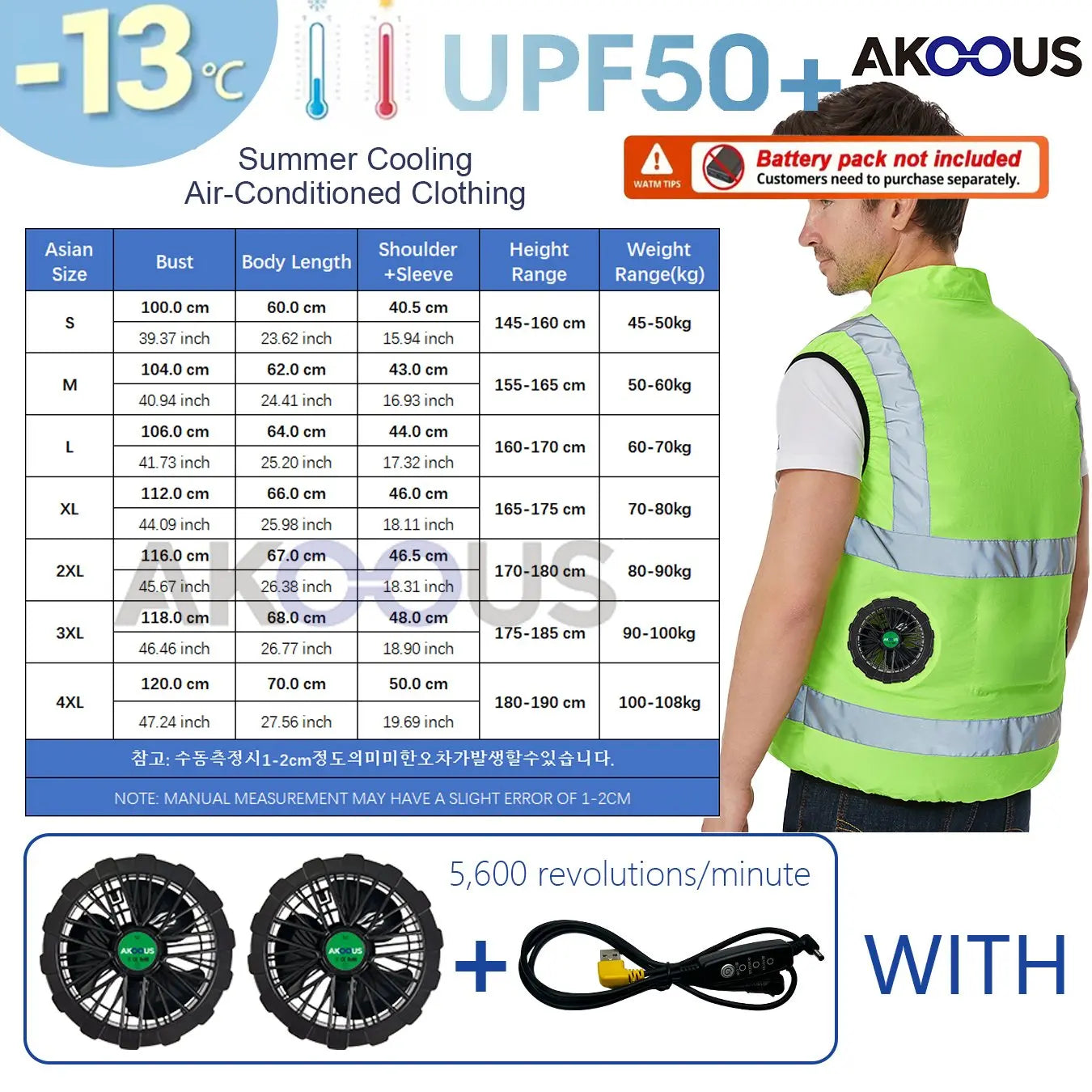AKOOUS USB 3-Fans Cooling Vest for Men and Women