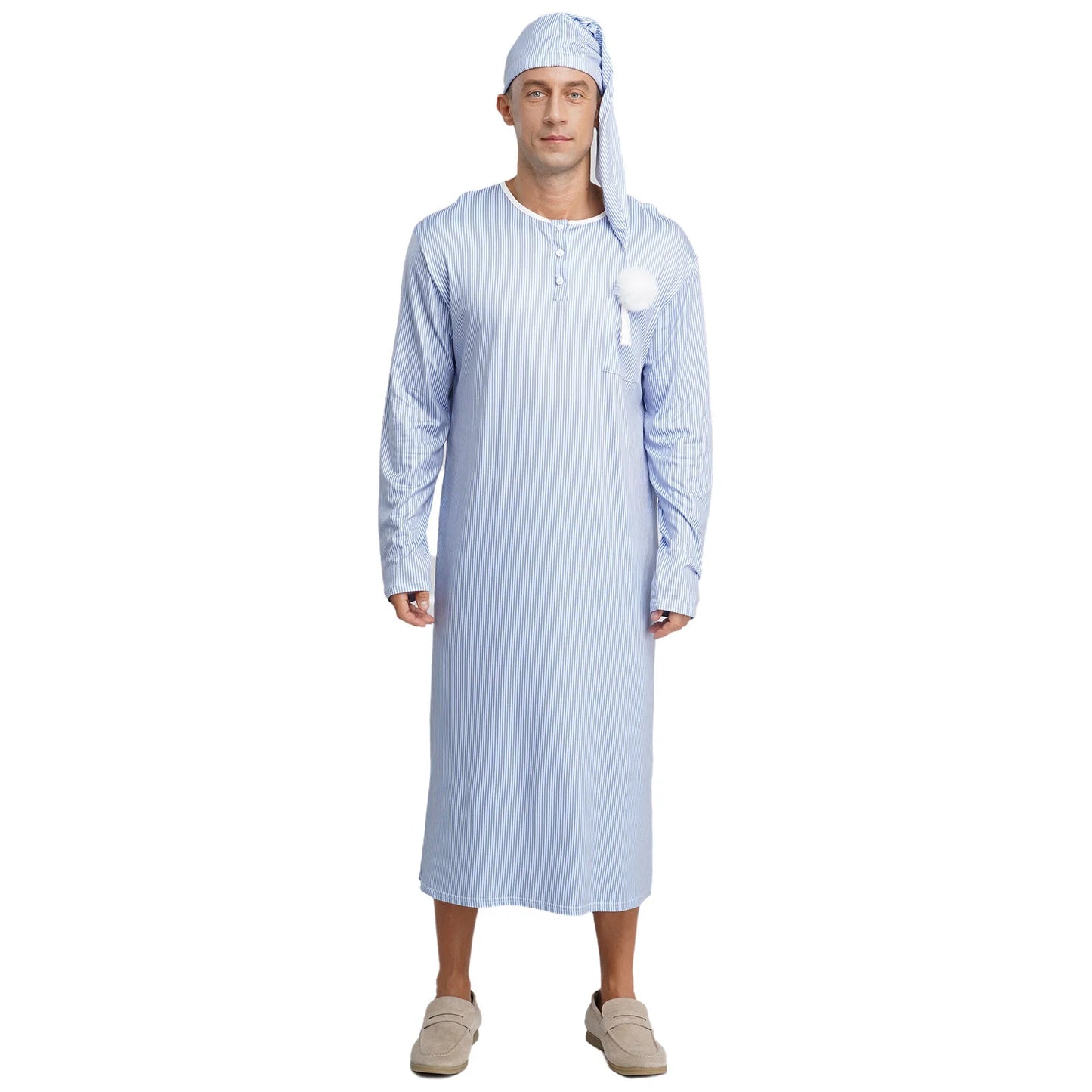 Mens Sissy Nightgown Striped Sleep Robe with Hat Set Complete Sleepwear Comfortable Loungewear Homewear for Holiday Nights