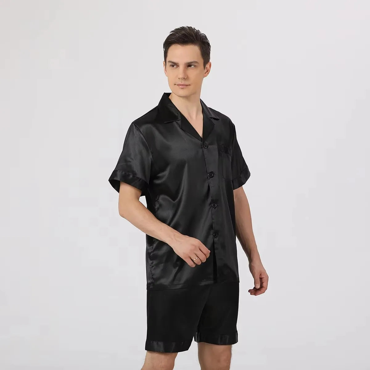 Silk Satin Pajamas for Men Sleepwear Cozy Soft Print Long Sleeve Nightgown Tops + Trousers Two Pieces Mens Pajama Set