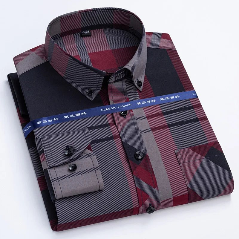 Men's Non-iron Plaid Dress Shirt for Spring and Autumn