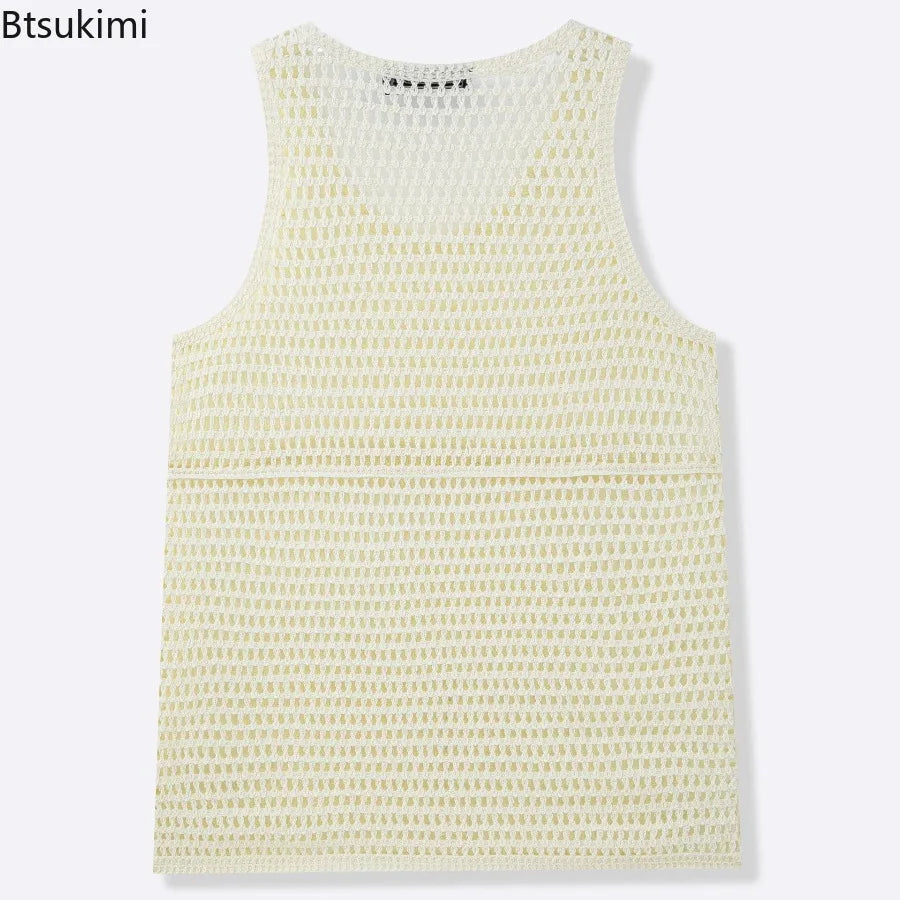New Summer Men Sexy Mesh Tank Tops Transparent Fishnet Tops Male Vintage Knitted Sleeveless Tops Hollow Out Sports Fitness Tees