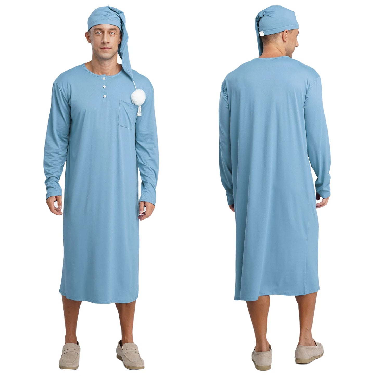 Mens Solid Color Long Sleeve Sleep Robe with Night Cap Round Neck Big & Tall Nightshirts Home Loungewear Pajamas Sleepwear