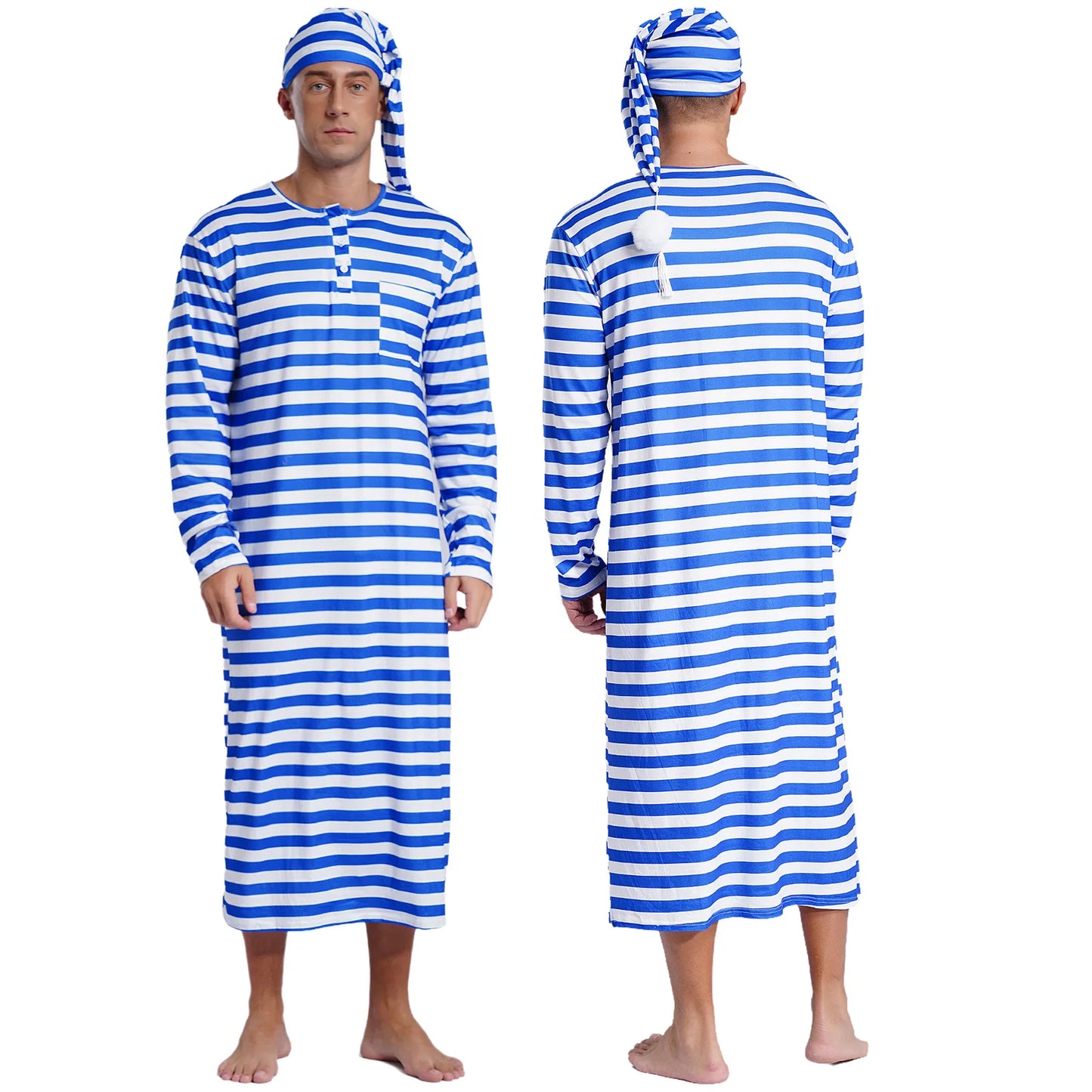 Mens Christmas Striped Sleep Robe with Hat Set