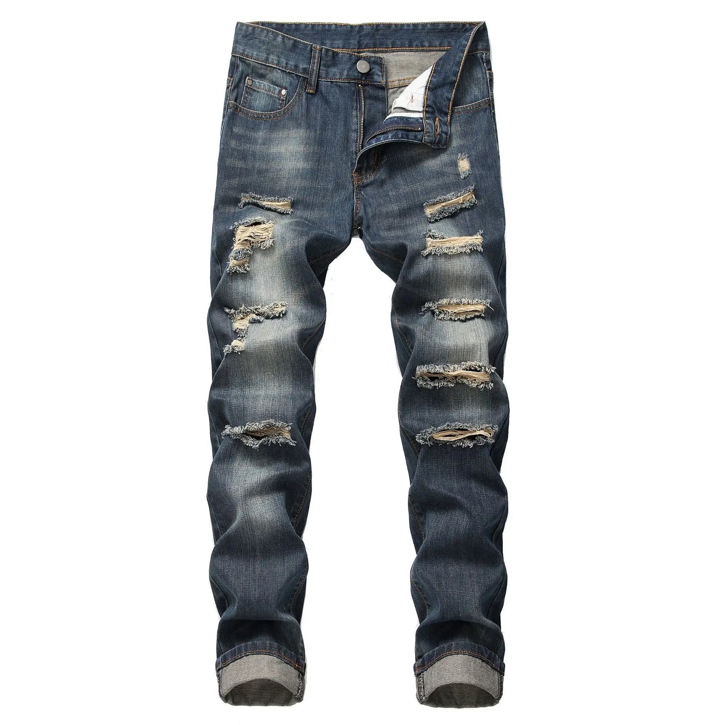 Mens Denim Ripped Straight Jeans for Casual Wear