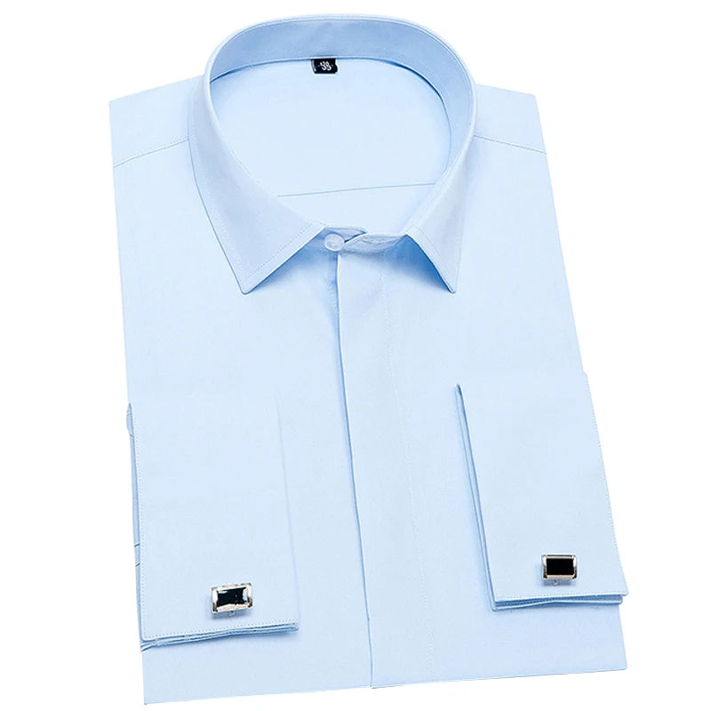 Men's Solid Long Sleeve Dress Shirt with French Cufflinks