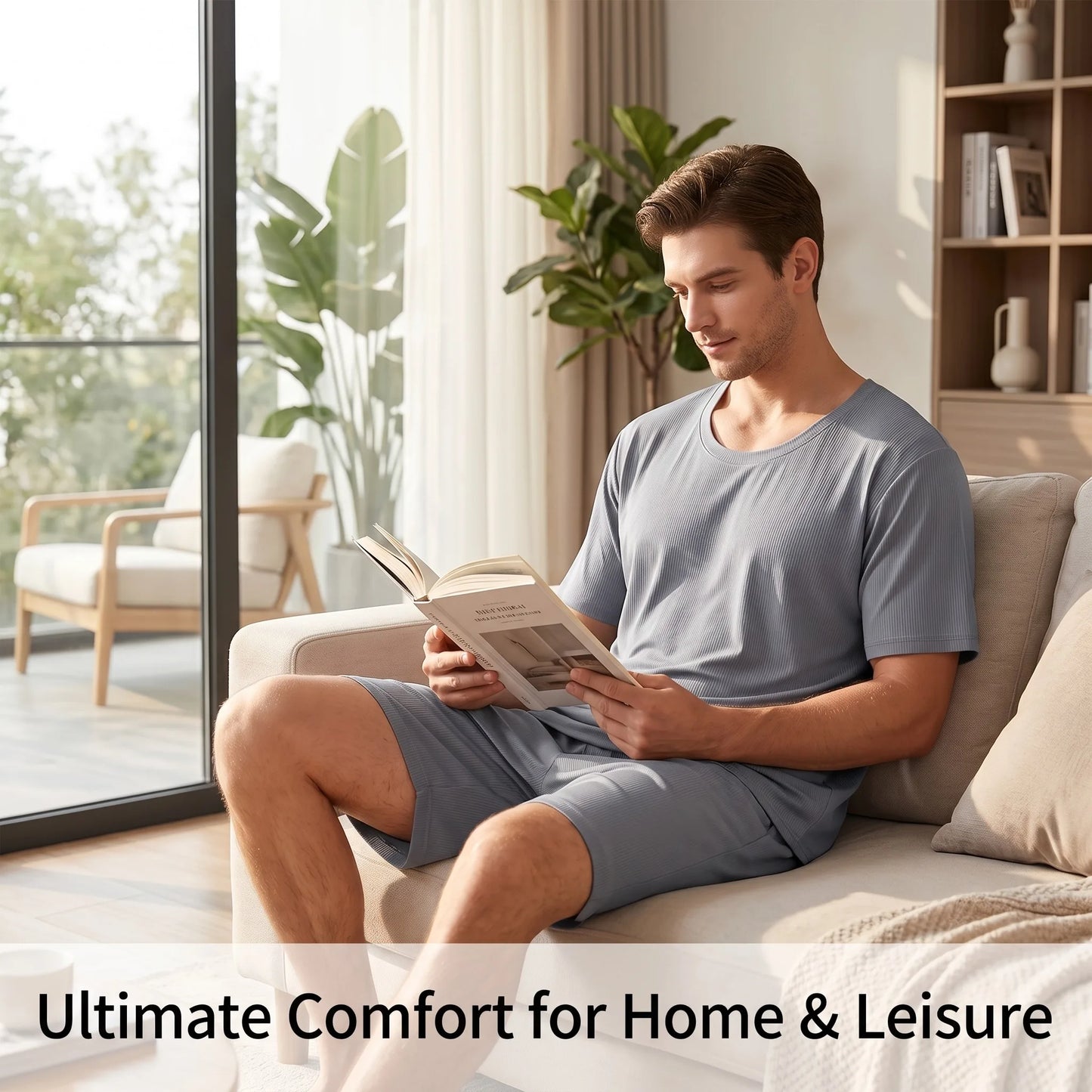 Men's Summer Loungewear Set: Ice-Silk Pajamas, Modal Seamless Round-Neck Lightweight Short-Sleeve T-Shirt, Men's Summer Clothing