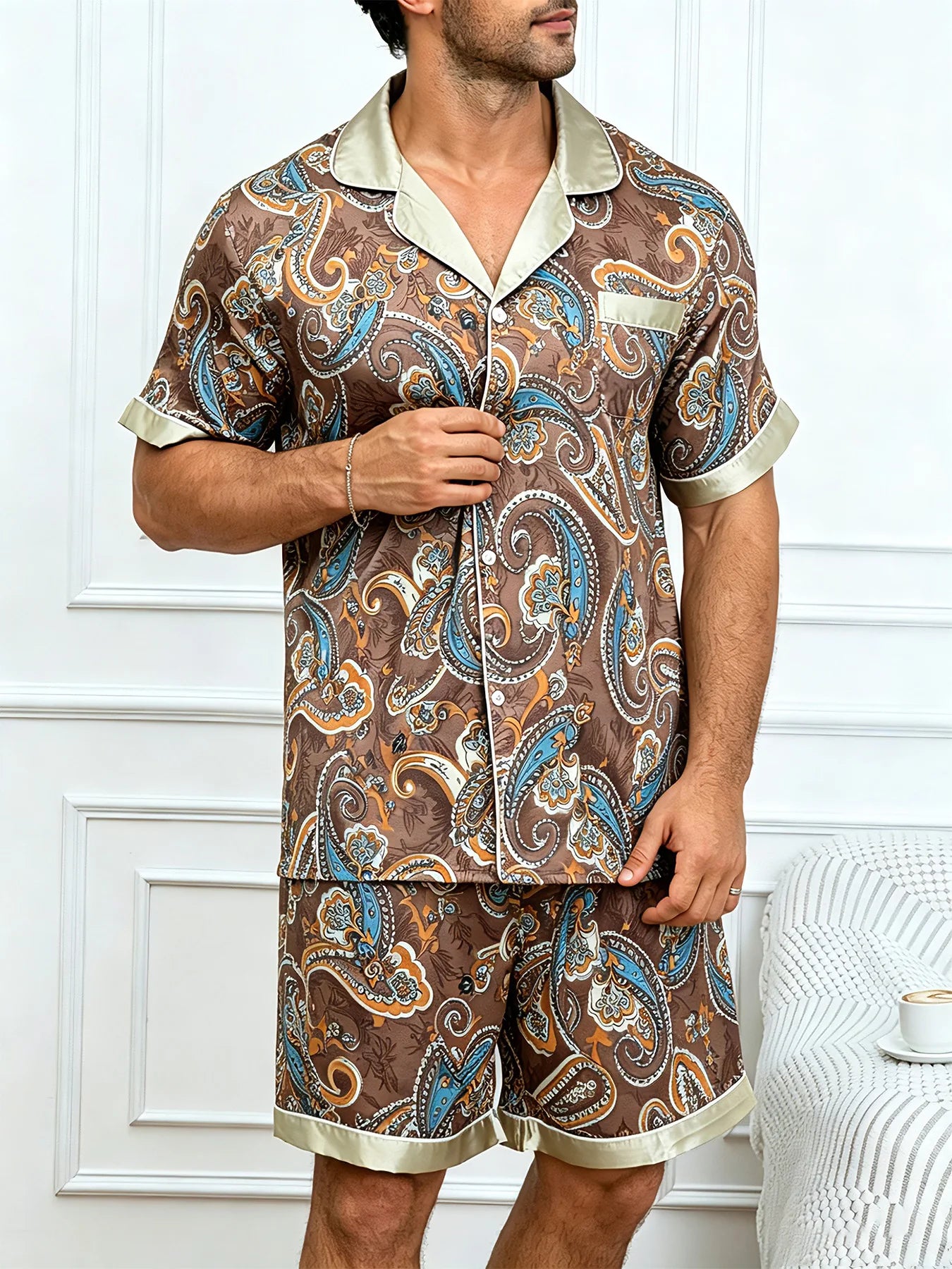 Nightwear for Men Pajamas Men's Satin Pajama Set Paisley Print Short Sleeve Button Down Loungewear Sleepwear Shorts Pijama Set