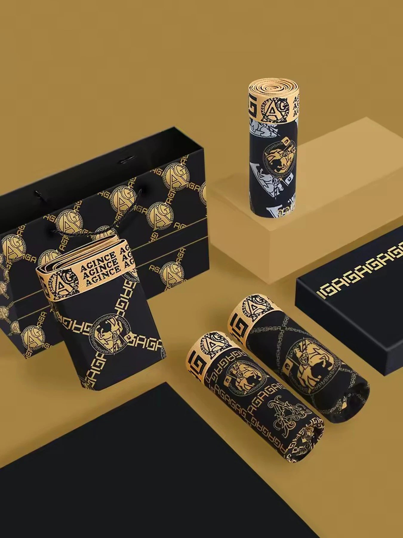 Men's Boxer Shorts Black Gold Print 4pcs Set