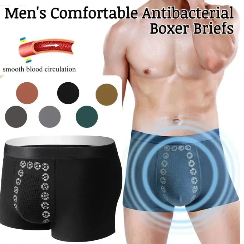 Men’s Black Boxer Shorts with Anion Technology and Massage Design